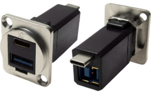 Dual USB-C and USB 3.0 A to B metal feedthrough socket CP30234M
