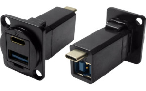 Dual USB-C and USB 3.0 A to B black metal feedthrough socket CP30234MB