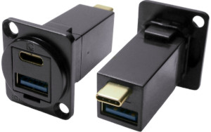 Dual USB-C and USB 3.0 A black metal feedthrough socket CP30235MB