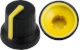 Black K87MBR push fit rotary control knob with yellow marker. 6 mm spline shaft CL170845CR
