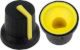 Black K87MBR push fit rotary control knob with yellow marker. 6 mm D shaft CL170850BR